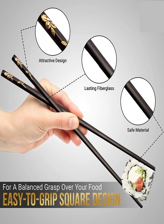 Iktu 5 Pairs Reusable Chopsticks Set - Fiberglass Japanese Chopsticks, Lightweight Easy to Use Chop Sticks with Case for Sushi, Noodles and Other Asian Food (Black Flower) - Image 4